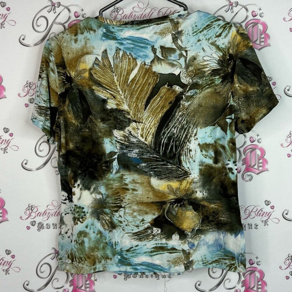 Conrad C tshirt leaf tropical Print Short Sleeve Women's Top - Blue and Green - Picture 2 of 8